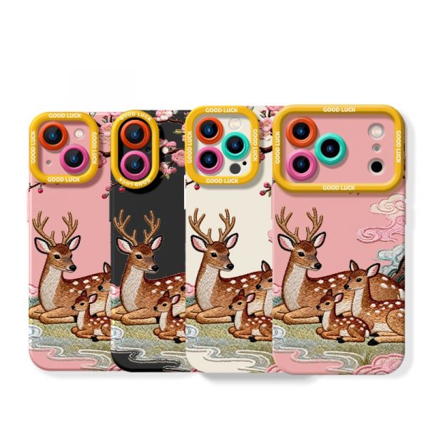 Deer & Floral Embroidery Silicone Case for Apple iPhone Series