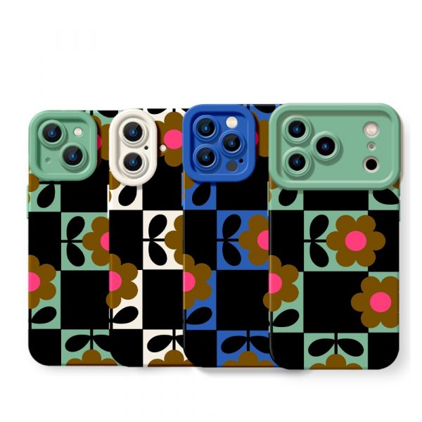 Retro Floral Checkered Silicone Case for Apple iPhone Series