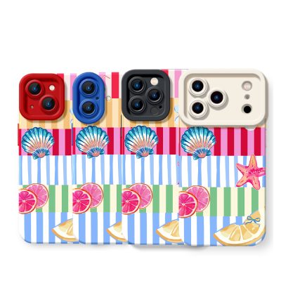 Tropical Vibes Striped Seashell & Fruit Silicone Case for Apple iPhone Series