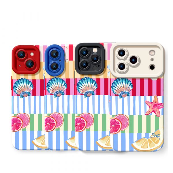 Tropical Vibes Striped Seashell & Fruit Silicone Case for Apple iPhone Series