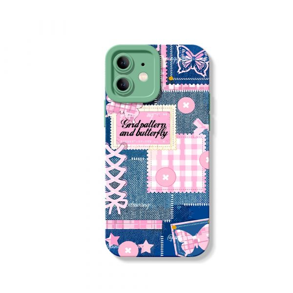 Whimsical Butterfly & Grid Patchwork Silicone Case for Apple iPhone Series