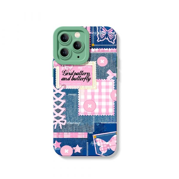 Whimsical Butterfly & Grid Patchwork Silicone Case for Apple iPhone Series