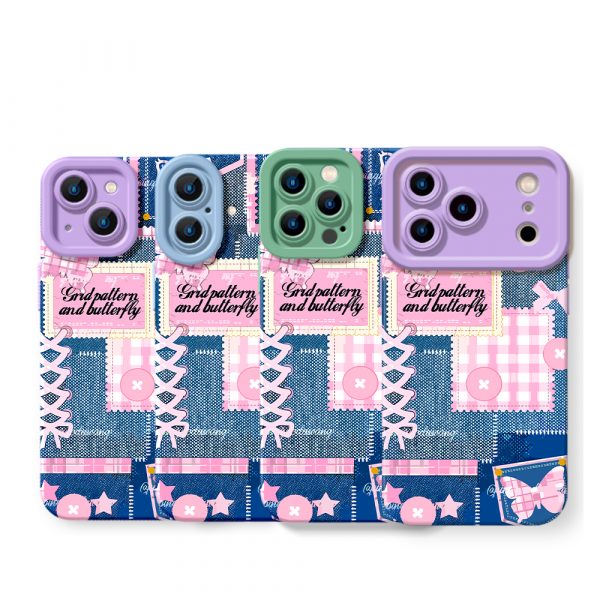 Whimsical Butterfly & Grid Patchwork Silicone Case for Apple iPhone Series